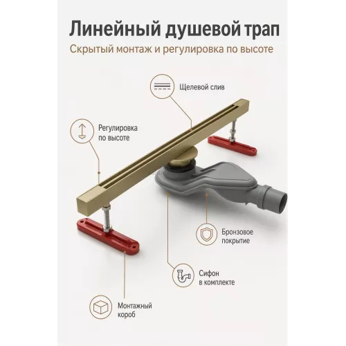Трап для душа щелевой 25х800мм Матовый золото GANZER 99180-S