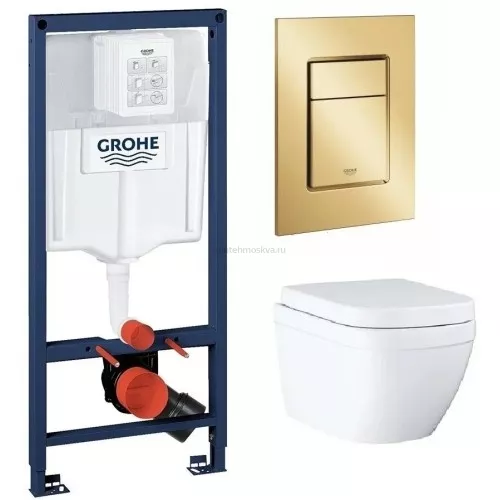 Инсталляция GROHE Rapid SL 38772001, с кнопкой смыва золото матовое 38732GN0 + Унитаз подвесной GROHE Euro Ceramic 39206000