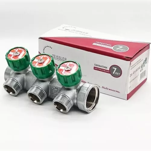Регулирующий проходной коллектор Zeissler 1" х 3/4" с 3 отводами ZSc.401.0603NE