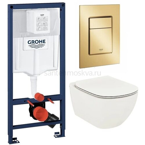 Инсталляция GROHE Rapid SL 38772001, с кнопкой смыва золото матовое 38732GN0 + Унитаз Tece TECEspring Model R 9700998 безободковый, с сиденьем микролифт