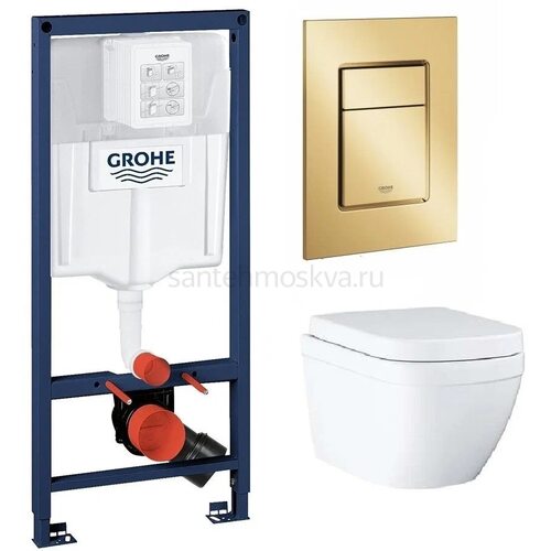 Инсталляция GROHE Rapid SL 38772001, с кнопкой смыва золото матовое 38732GN0 + Унитаз подвесной GROHE Euro Ceramic 39206000