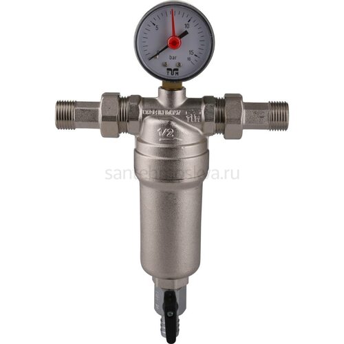 Фильтр с манометром TIEMME 1/2 со сгонами, с латунной колбой, промывной