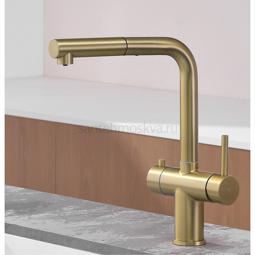 16036-S Смес. од. для кухни с ВЫД. лейкой и подк. ФИЛЬТ. (матовое золото) (10/1шт)