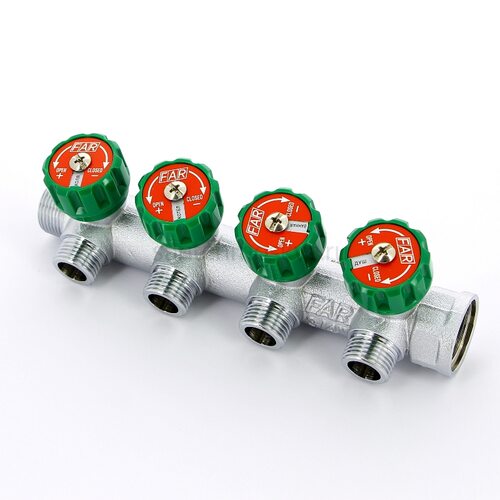 Коллектор FAR FK 3824 3412TP регулирующий проходной ВР-НР 3/4"х1/2" с 4 отводами